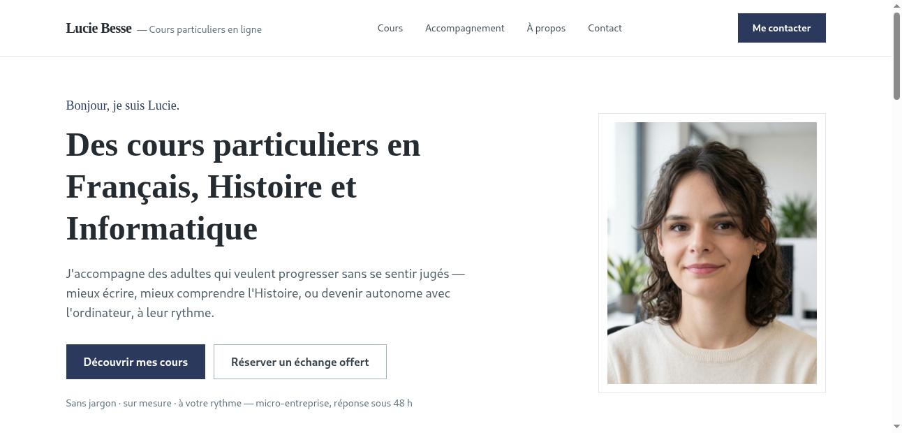 Capture d'écran de la page d'accueil du site formation-pour-moi.fr, cours particuliers en ligne avec Lucie Besse